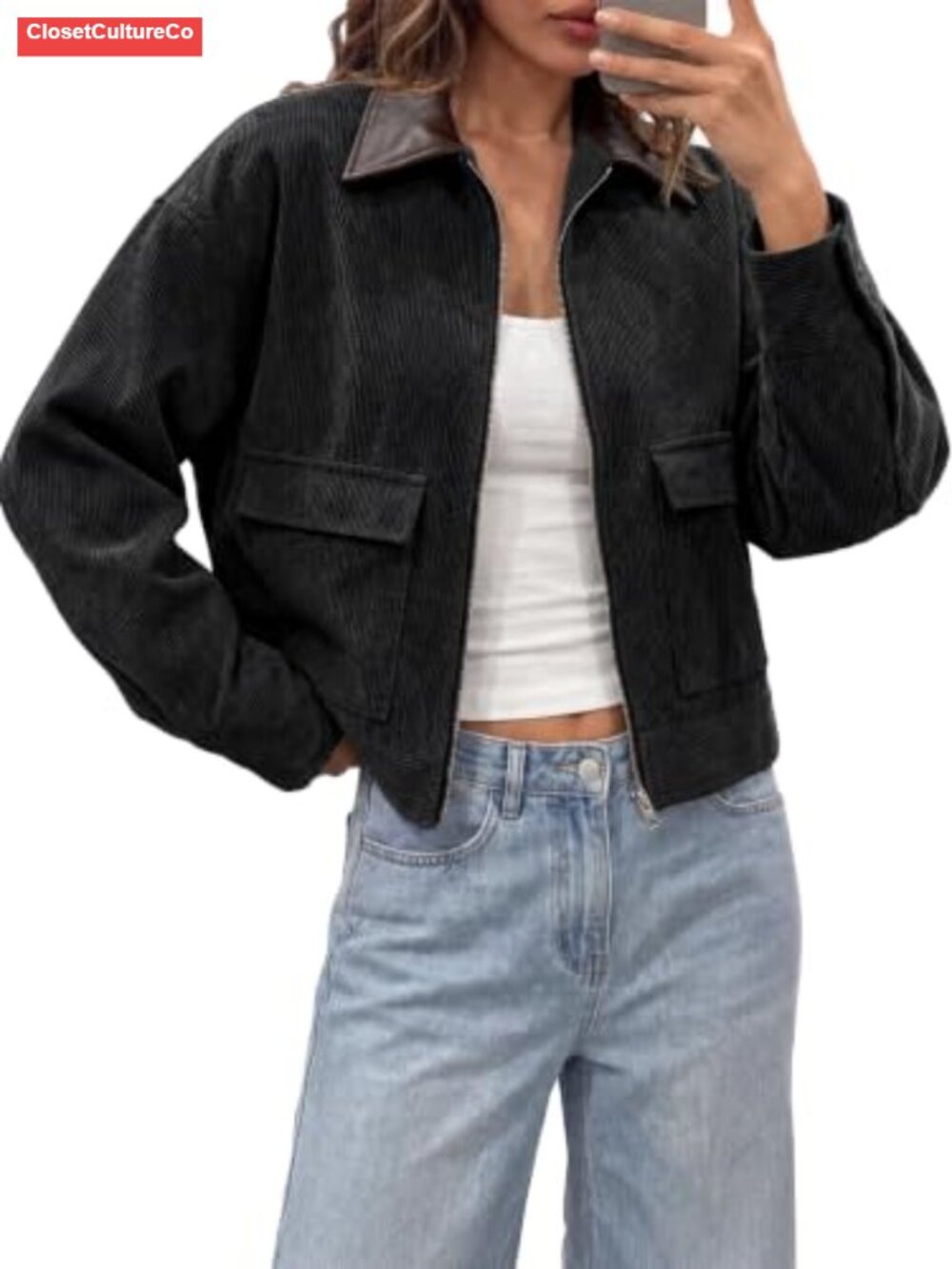 Women's Cropped Corduroy Oversized Zip Up Barn Bomber Jacket